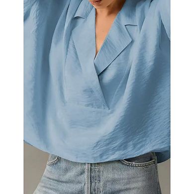 Women Solid Textured Lapel V Neck Cropped Blouse Drop Shoulder Short Sleeve Flowy Blouse