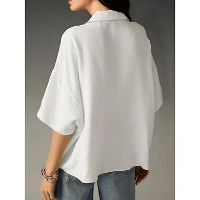 Women Solid Textured Lapel V Neck Cropped Blouse Drop Shoulder Short Sleeve Flowy Blouse