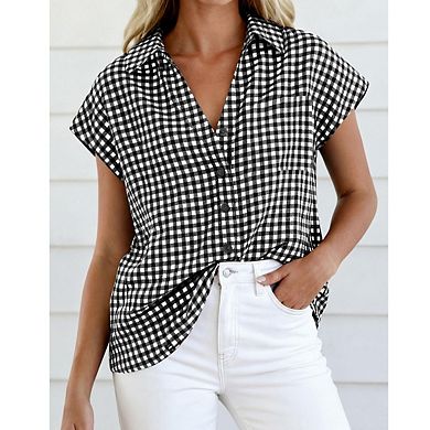 Women Gingham Plaid Button Down Blouse, Short Sleeve Spring Summer Business Casual Work Top