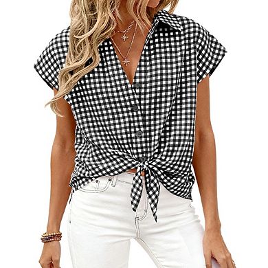 Women Gingham Plaid Button Down Blouse, Short Sleeve Spring Summer Business Casual Work Top