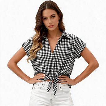 Women Gingham Plaid Button Down Blouse, Short Sleeve Spring Summer Business Casual Work Top