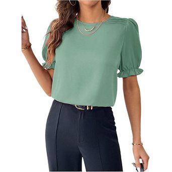 Women Puff Short Sleeve Knit Sweater Top, Trendy Business Casual Work Blouse