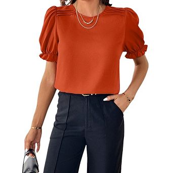 Women Puff Short Sleeve Knit Sweater Top, Trendy Business Casual Work Blouse