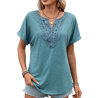 Women's V Neck Boho Lace Tunic Blouse, Short Sleeve Cute Dressy Casual Summer Trendy Top