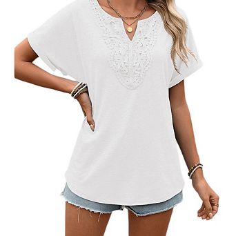 Women's V Neck Boho Lace Tunic Blouse, Short Sleeve Cute Dressy Casual Summer Trendy Top