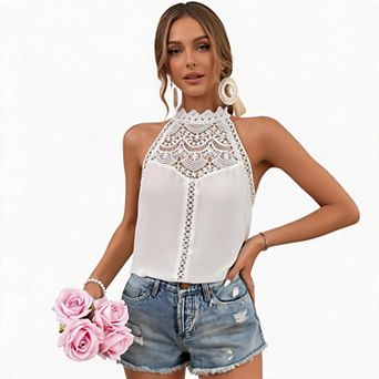 Women's Halter Crochet Lace Cropped Tank, Sleeveless Flowy Dressy Cute Summer Top