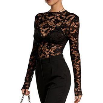 Women's Mock Neck Floral Lace Mesh Long Sleeve Top, Sheer See Through Party Club Blouse