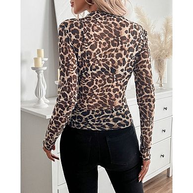 Women's Mock Neck Sheer Mesh Long Sleeve Top See Through Going Out Layering Blouse