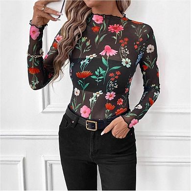 Women's Mock Neck Sheer Mesh Long Sleeve Top See Through Going Out Layering Blouse