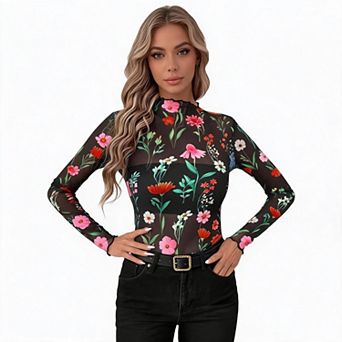 Women's Mock Neck Sheer Mesh Long Sleeve Top See Through Going Out Layering Blouse