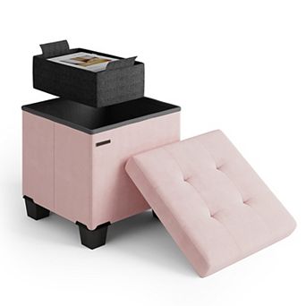 Nestl 15-Inch Velvet Cube Storage Ottoman with Bin, Small Foot Stool & Seat for Living Room