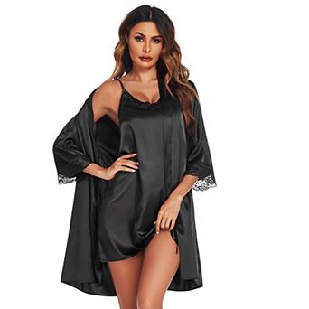 Ekouaer Womens Sleepwear Satin Nightgown with Robes Set Two Piece Lace Cami Nightwear