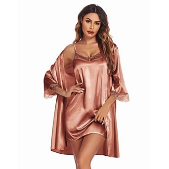 Ekouaer Womens Sleepwear Satin Nightgown with Robes Set Two Piece Lace Cami Nightwear