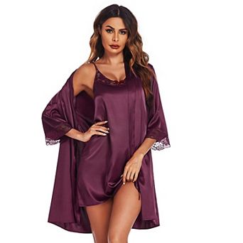 Ekouaer Womens Sleepwear Satin Nightgown with Robes Set Two Piece Lace Cami Nightwear