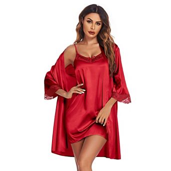 Ekouaer Womens Sleepwear Satin Nightgown with Robes Set Two Piece Lace Cami Nightwear