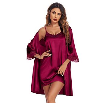 Ekouaer Womens Sleepwear Satin Nightgown with Robes Set Two Piece Lace Cami Nightwear