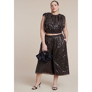 ELOQUII Women's Plus Size Sequin Pull On Wide Leg Culotte