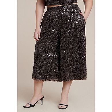 ELOQUII Women's Plus Size Sequin Pull On Wide Leg Culotte