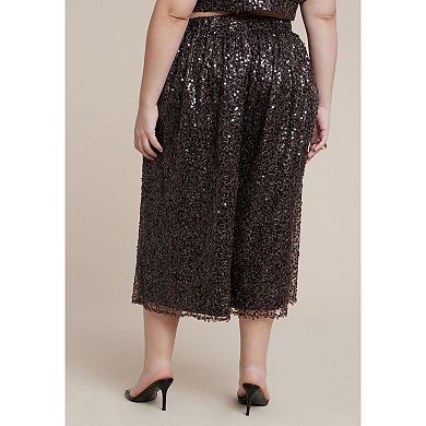 ELOQUII Women's Plus Size Sequin Pull On Wide Leg Culotte