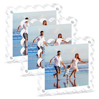 Clear Magnetic Picture Frame Double Sided Scalloped Acrylic Freestanding 3 Pack