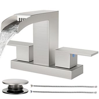 Waterfall Bathroom Faucet Matte 4 Inch Centerset 3 Hole 2 Handle Stainless Steel