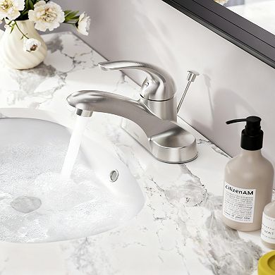 Bathroom Faucet Single Handle Low Arc 4 Inch Centerset Brushed Sink Mixer Tap With Pop Up Drain