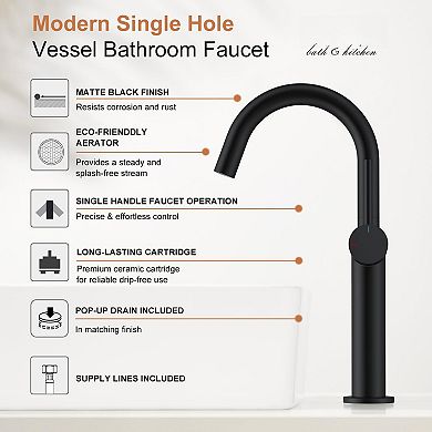 Brushed Tall Bathroom Faucet Single Handle Vessel Sink Pop Up Drain Supply Lines