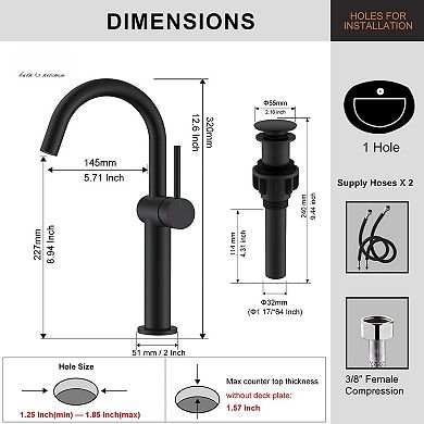 Brushed Tall Bathroom Faucet Single Handle Vessel Sink Pop Up Drain Supply Lines