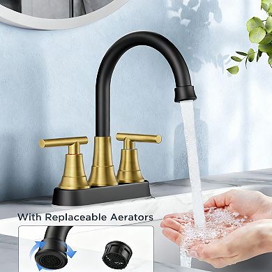 Bathroom Faucet 4 Inch Centerset 2 Handle 360 Swivel Spout Pop Up Drain