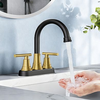 Bathroom Faucet 4 Inch Centerset 2 Handle 360 Swivel Spout Pop Up Drain