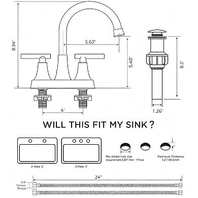 Bathroom Faucet 4 Inch Centerset 2 Handle 360 Swivel Spout Pop Up Drain