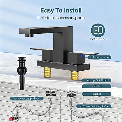 Bathroom Faucet 4 Inch Centerset 2 Handle 3 Hole with Pop Up Drain
