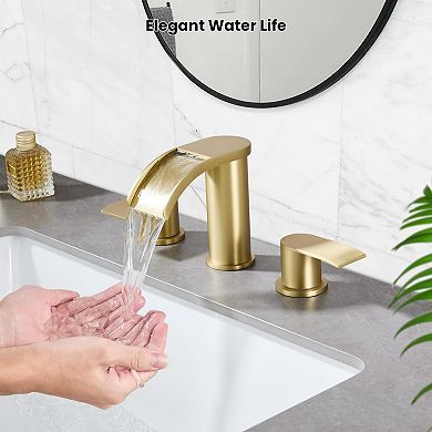 Waterfall Bathroom Faucet 8 Inch Widespread 3 Hole 2 Handle Brushed Stainless Steel Pop Up Drain