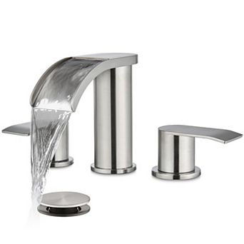Waterfall Bathroom Faucet 8 Inch Widespread 3 Hole 2 Handle Brushed Stainless Steel Pop Up Drain