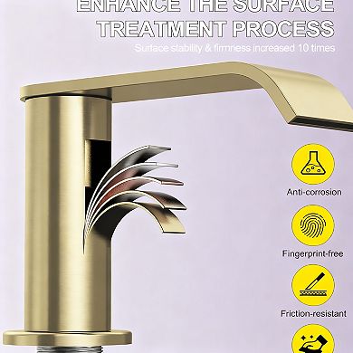 Brushed Bathroom Faucet 3 Hole Waterfall 2 Handles Pop Up Drain