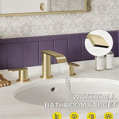 Brushed Bathroom Faucet 3 Hole Waterfall 2 Handles Pop Up Drain