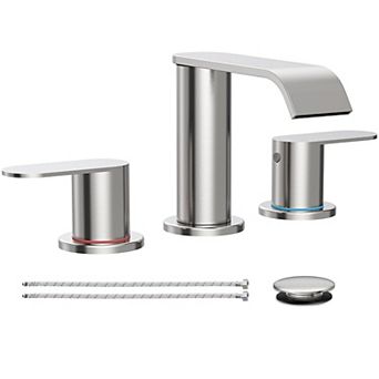 Brushed Bathroom Faucet 3 Hole Waterfall 2 Handles Pop Up Drain
