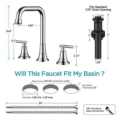 Widespread Bathroom Faucet Chrome 3 Hole Sink Pop Up Drain 8 Inch Vanity RV