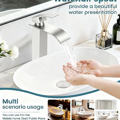 Brushed Waterfall Vessel Sink Faucet Tall Single Handle Bowl Tap