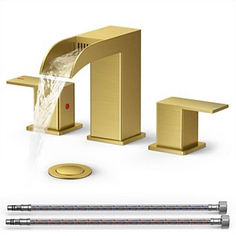 Brushed Bathroom Faucet 3 Hole 8 Inch Widespread Square Sink Metal Drain Supply Line 2 Handles