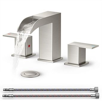 Brushed Bathroom Faucet 3 Hole 8 Inch Widespread Square Sink Metal Drain Supply Line 2 Handles