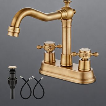 4 Inch Centerset Bathroom Faucet Vintage Cross Handle Antique Brass Swivel Spout Pop Up Drain