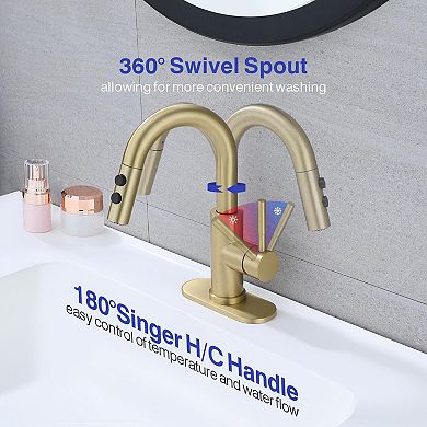 Bathroom Sink Faucet Pull Down Sprayer Brushed Single Handle Pop Up Drain 1 3 Hole