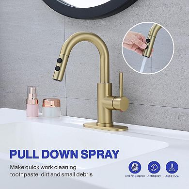 Bathroom Sink Faucet Pull Down Sprayer Brushed Single Handle Pop Up Drain 1 3 Hole