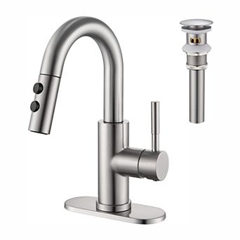 Bathroom Sink Faucet Pull Down Sprayer Brushed Single Handle Pop Up Drain 1 3 Hole