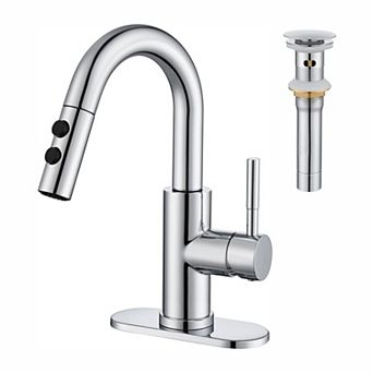 Bathroom Sink Faucet Pull Down Sprayer Brushed Single Handle Pop Up Drain 1 3 Hole