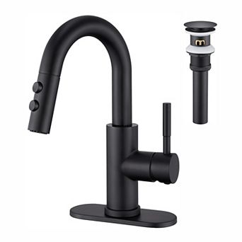 Bathroom Sink Faucet Pull Down Sprayer Brushed Single Handle Pop Up Drain 1 3 Hole