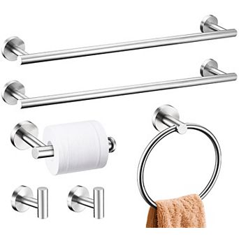 6 pc Brushed Bathroom Hardware Set Stainless Steel 24 Inch Wall Mounted Towel Bar Holder Rack