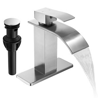 Brushed Waterfall Bathroom Faucet Single Handle 1 3 Hole Sink Deck Plate Pop Up Drain