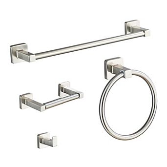 Brushed Bathroom Hardware Set 4 pc Stainless Steel Wall Mounted Towel Bar Ring Hook Paper Holder